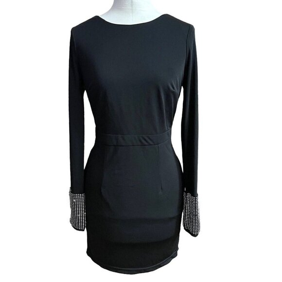 AQUA LUXE Little Black Dress Mini‎ Bodycon Rhinestone Cuffs Women Small V-Back - Picture 1 of 10